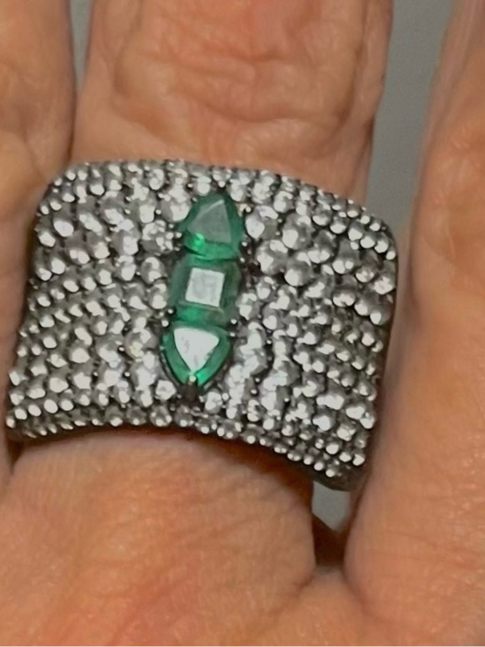 Graciela Gems 925 Emerald and White Zircon Wide Band Ring